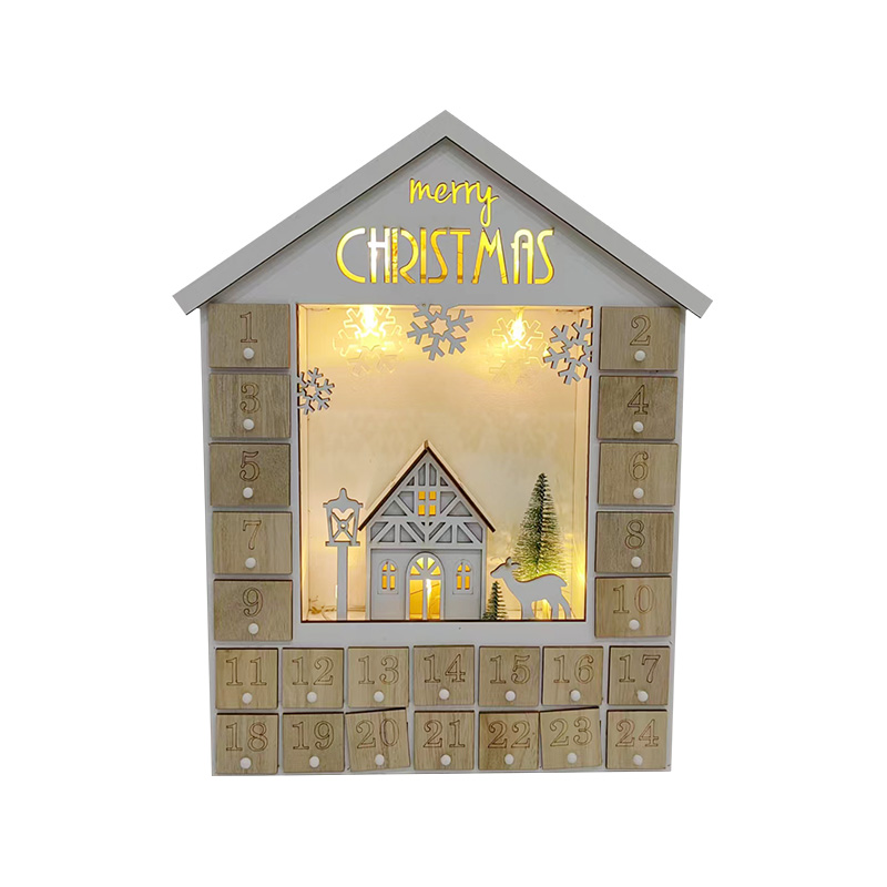 Lighted Up Wooden Advent Calendar With Village Deer Scene for Kids Christmas Gift Decoration