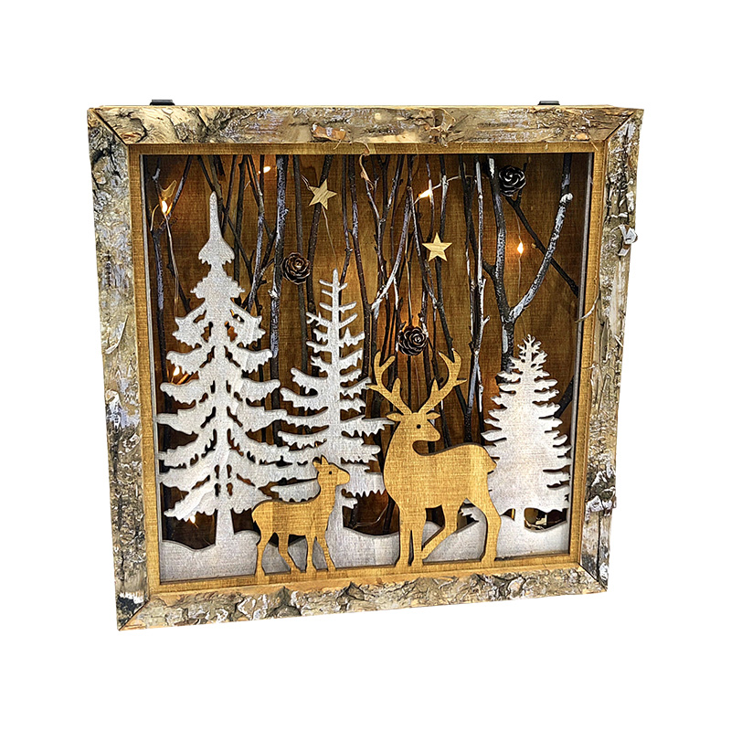 Pre-lit Rustic Natural Wooden Frame Decor Forest Reindeer Display