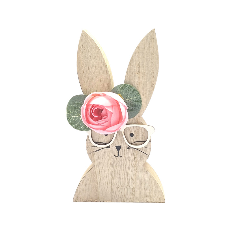 Easter Decorations, Easter Bunny Wooden Figurine with Leaves and Flower