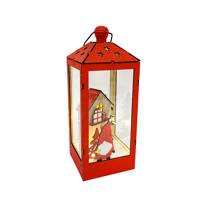 Pre-Lit Christmas Indoor Lantern, Wood, Red, Gnome