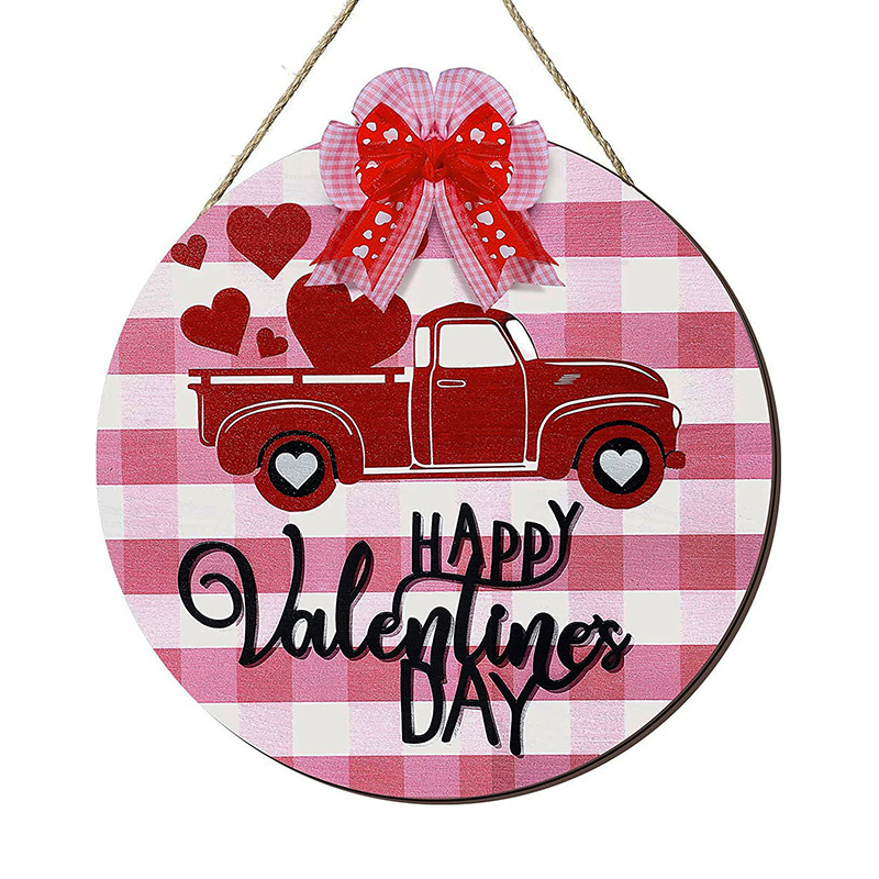 Valentine Signs for Wreaths Wooden Pink Buffalo Plaid Valentine's Truck Door Decorations Happy Valentine's Day Hanging Decor