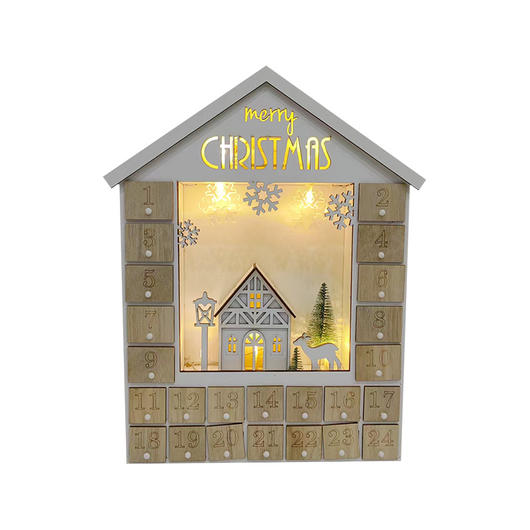 Lighted Up Wooden Advent Calendar With Village Deer Scene for Kids Christmas Gift Decoration