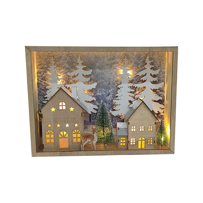 Christmas Town Wooden Village House, Christmas Forest Trees, for Xmas Party Desk Decoration Rectangle Shape Wooden Frame