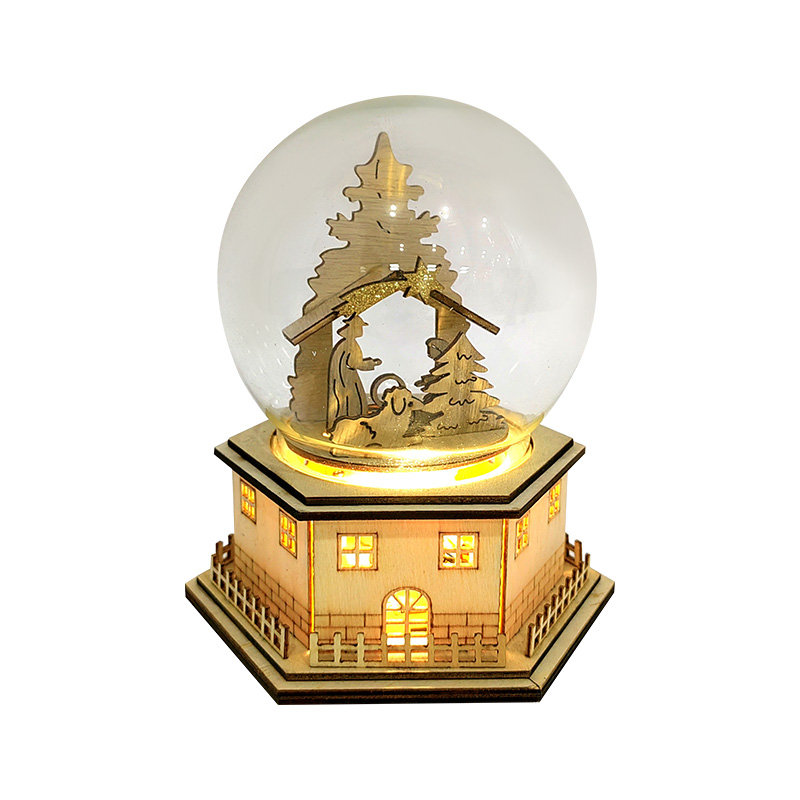 LED Wooden Nativity Scene Glass Bell Ornament with Spinning & Music