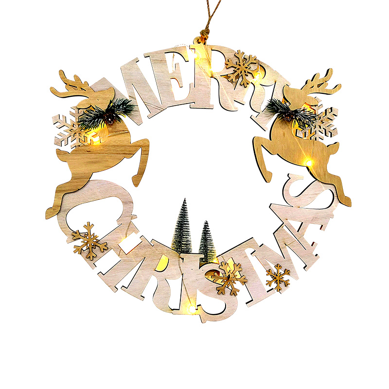 Merry Christmas Wood Hanging with Deers and Green Ornaments - LED