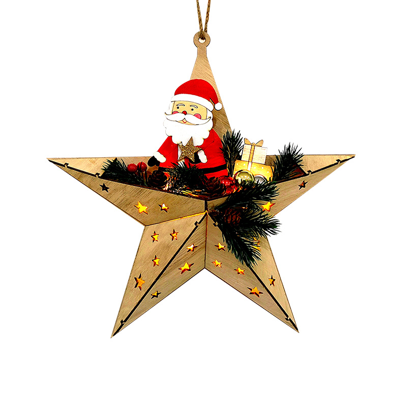 Star Christmas Tree Wooden Pendant, Wood Star Ornaments with String and LED