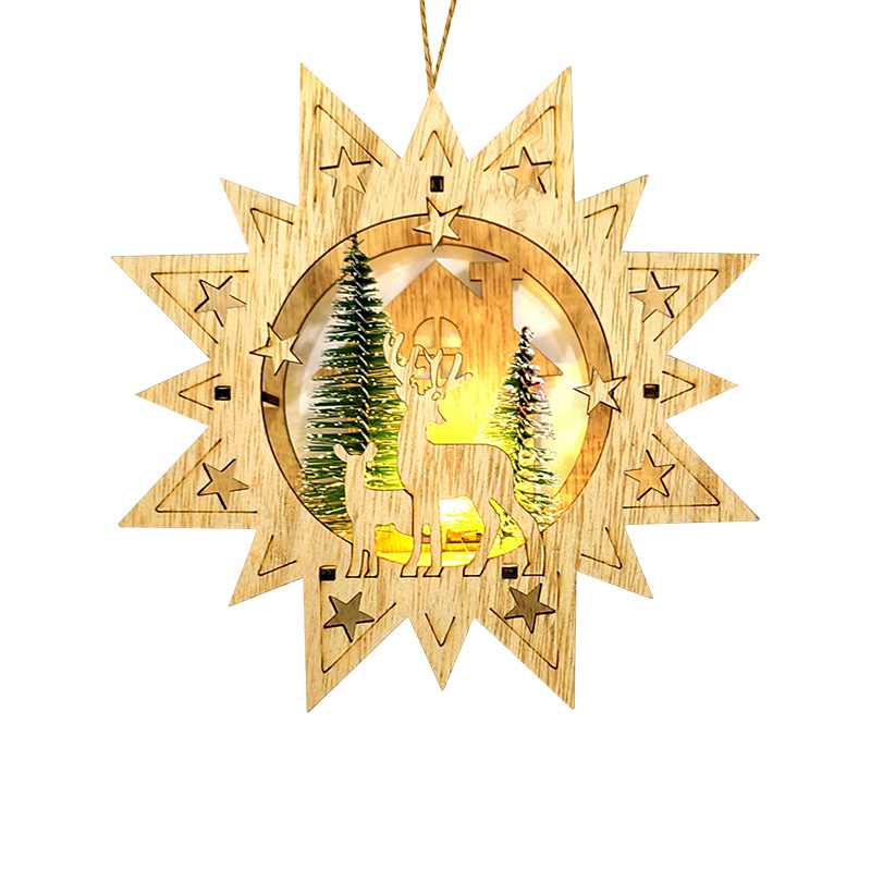 Lighted Up Star with  Reindeer Scene Handmade Plywood Hanging Christmas Tree Xmas Decoration