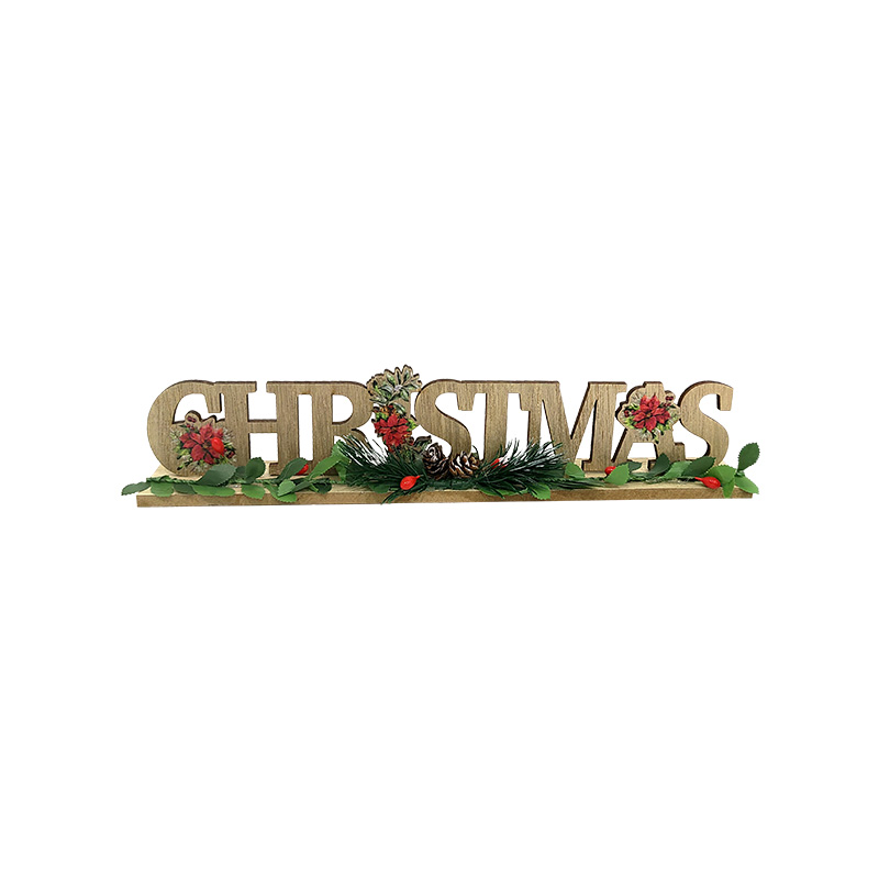 Christmas Wood Ornaments Standing Decoration for Table and Desk Tops with Green Leaves and Berries