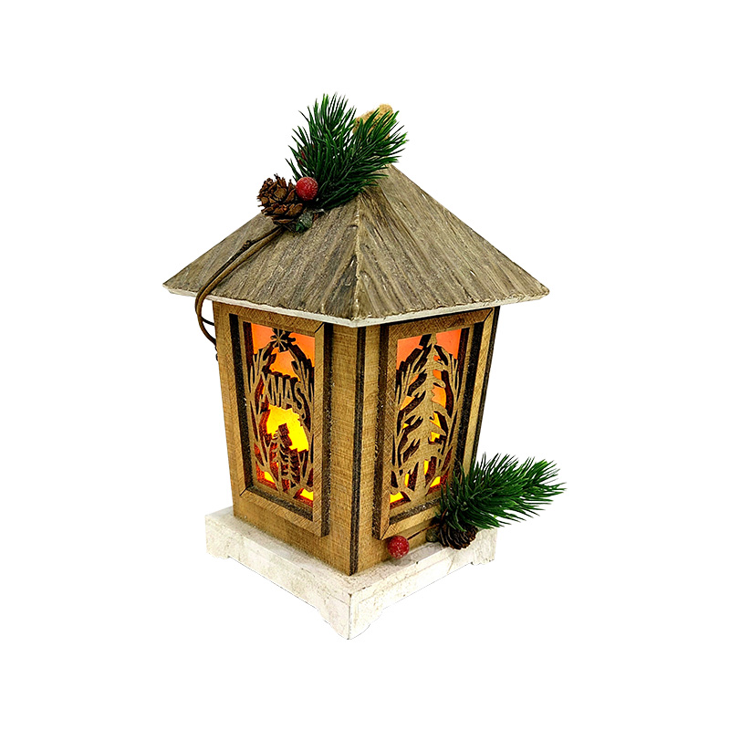 Pre-Lit Christmas Hanging Lantern, Rustic Wood, Fire Lights