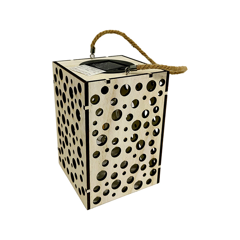 Pre-Lit Plywood Lazer Carved Hanging Lantern, Wood Natural, Square Hollowed