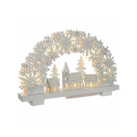 Pre-Lit Snowflake Arch and Village Scene Wood Christmas Tabletop Decoration