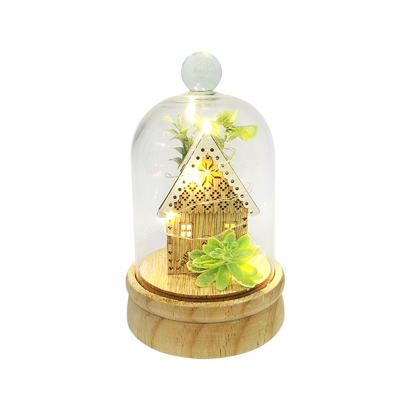 Wood Base House Scene Glass Bell